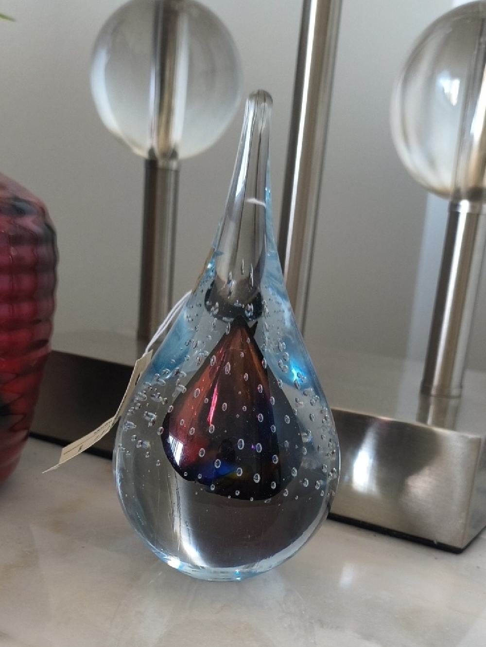 Clear Glass Teardrop Ornament with Blue Accent and Red Core